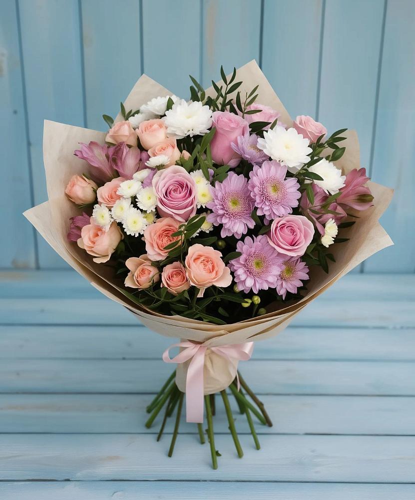 Букет цветов из: Хризантемы, Розы и Альстромерии в Рахье