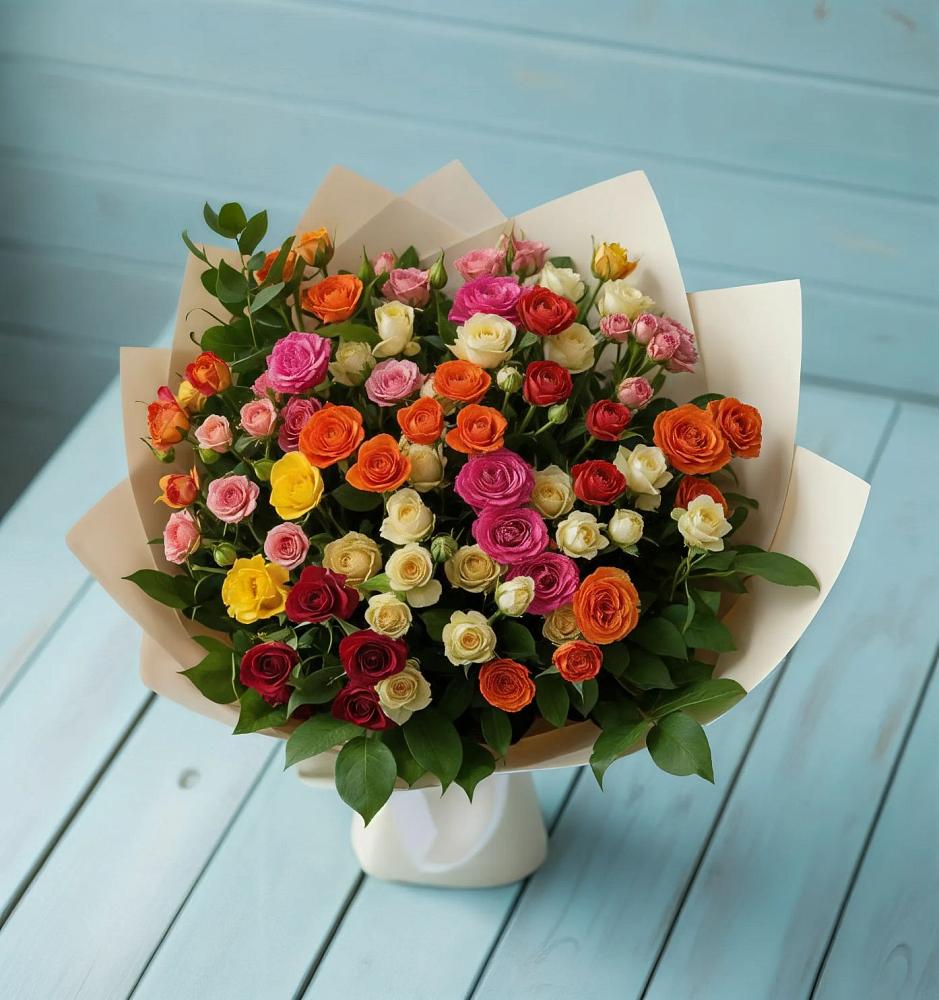 Букет Микс из разноцветных кустовых роз в Рахье