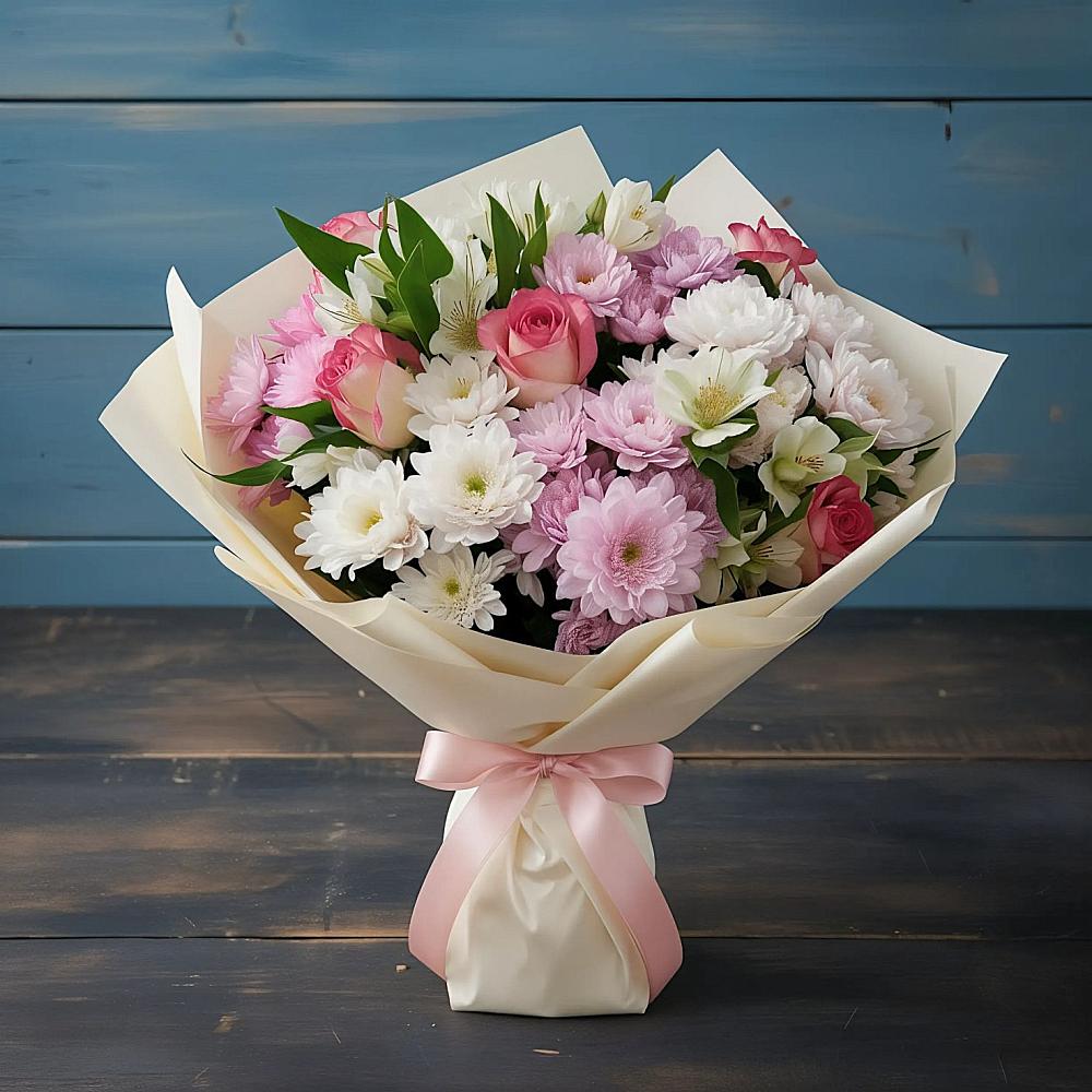 Букет цветов из: Хризантемы, Альстромерии и Розы в Рахье